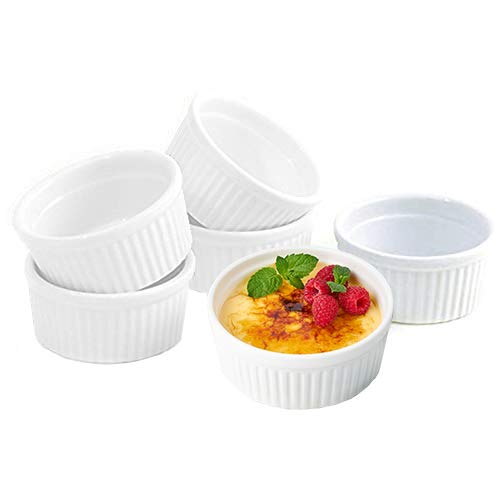 K BASIX 4.5 Oz. Porcelain Ramekins, Pudding Cups | Dipping Bowls | Souffle Dishes for Creme Brulee | Classic Style White Ramekins for Baking -Set of 6 - Oven Safe