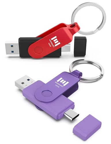 MOSDART 128GB USB C 3.2 Fast Speed C and A Dual Flash Drive, exFAT Memory Stick with Keychain and LED Indicator, for iPhone 15,16,17, Android Phone, iPad, MacBook, Red and Purple(Pack of 2)
