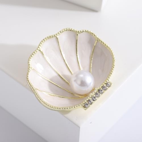 Image of Enamel Shell Pearl CZ Brooch Pin for Women Gold-Toned Chic Clear Crystal Ocean Seashell Texture Conch Sectored Rhinestone Brooches Lapel Pins Dress Accessories Fashion Holiday Beach Party Jewelry