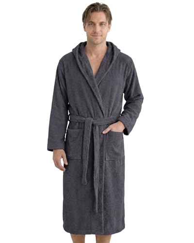 LAYNENBURG Bademantel Herren Frottee aus 100% Baumwolle - OEKO TEX Standard - weicher Morgenmantel waden-lang mit Kapuze, Bindegürtel und aufgesetzten Taschen - für Sauna & Zuhause (XL anthrazit)