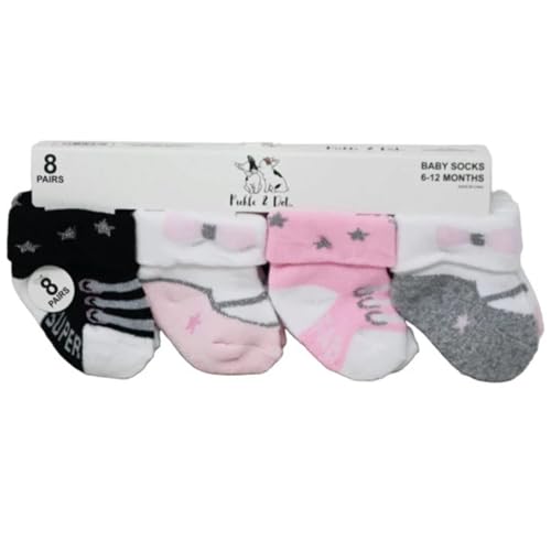 Baby Ankle Socks, 8 Pairs, Pink White Black Gray, Stars and Stripes, 6-12 Months