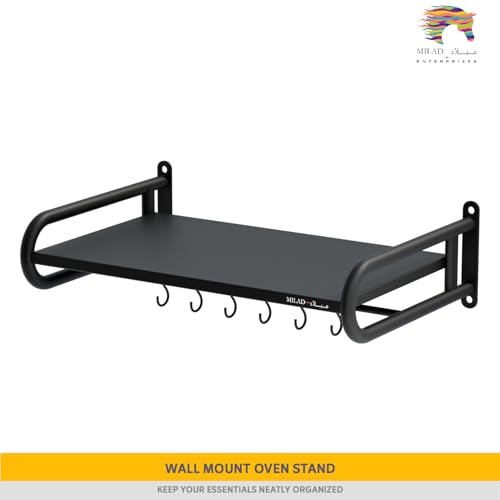Image of Saifix Microwave Stand For Kitchen | Wall Mounted | Oven Stand | Dish Rack | Pot Racks | Utensil Organiser | Printer Shelf | Fax Rack (60 L x 40 W x 18 H CM's, OS-09, Black Color)