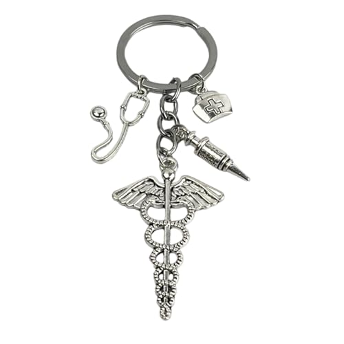 Llavero Médico - Llaveros de Enfermero con Símbolo Medicina, Estetoscopio para Escuchar, Jeringuilla de Vacuna y Botiquín de emergencia - Accesorio para llaves Plateado de metal Unisex Hombre y Mujer