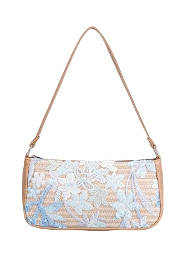 Y2k Sequin Beaded Straw Purse Women Summer Leather Shoulder Bag Floral Embroidery Evening Party Purses