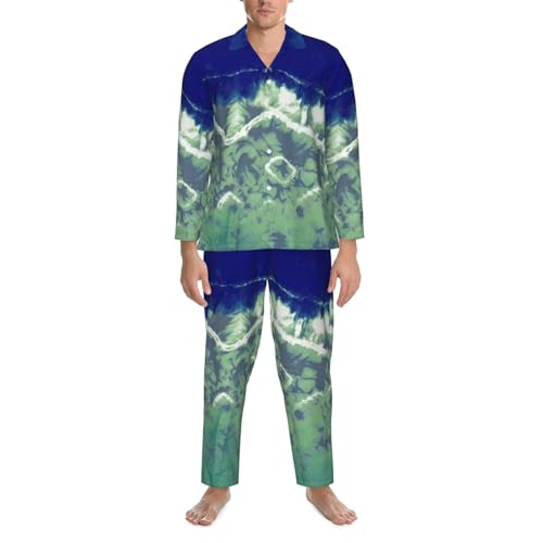 Blue And Green Tie-Dye Mens Pajamas Set Button Down Sleepwear Set Long Sleeve Loungewear With Pockets