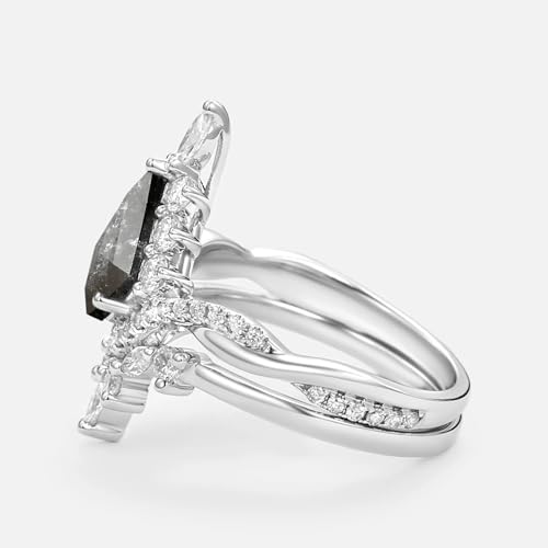 Vintage Salt and Pepper Diamond Ring Set 1.5 CT Kite Cut Salt and Pepper Diamond with Moissanite Engagement Rings for Women 925 Sterling Silver 10K 14K 18K Gold Kite Cut Engagement Ring Set3