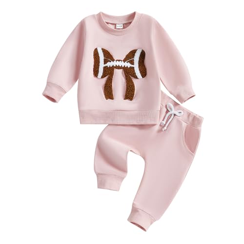 Karuedoo Toddler Baby Girl Football Clothes Football Bow Embroidery Long Sleeve Sweatshirt Top Pants Set 2Pcs Fall Outfits