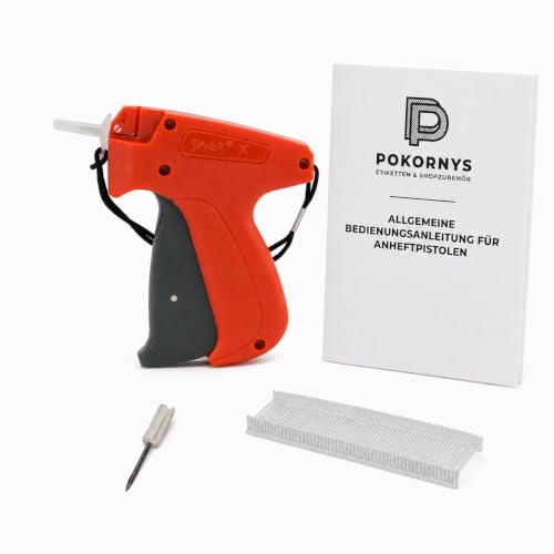 Pokornys - Etikettierpistole für Gardinen und Vorhänge, Saga 68X Fein – Faltensteckpistole mit 250 T-End-Heftfäden 7 oder 11 mm + Ersatznadel und deutscher Bedienungsanleitung (7 mm Fadenlänge)