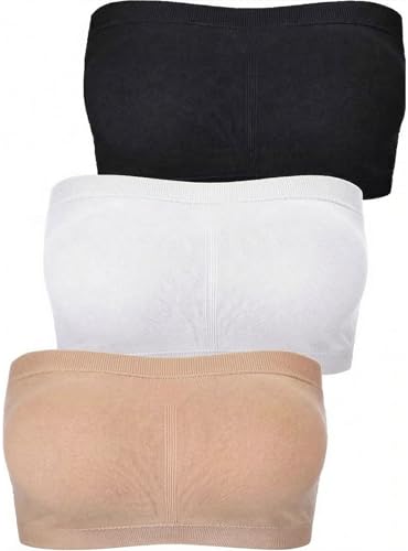 LYBHFCFC 3 Pack Womens Seamless Bandeau Bra Padded Strapless Bra Bralette Non-Slip Invisible Tube Top Dress Bra (UK Alpha M Regular Regular) Black White Nude