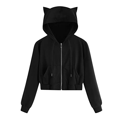 KBOPLEMQ Kawaii - Sudadera con capucha de gato de gran tamaño con orejas para adolescentes, niñas, chaqueta corta, abrigos lisos, sudadera con cremallera, manga larga, sudadera con capucha, O negro.,