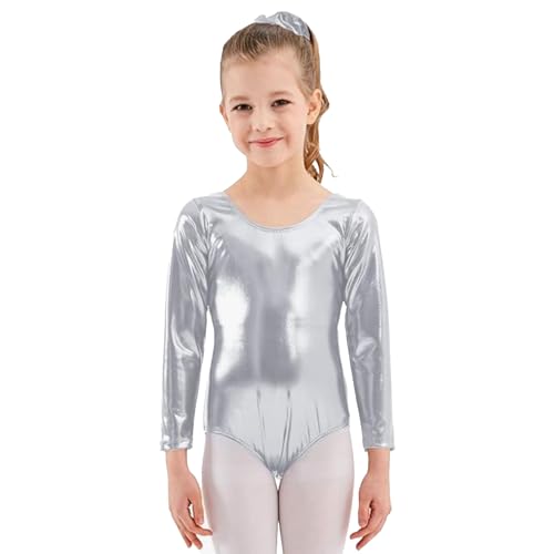 Carnavalife Body menina dança Camisola Ballet menina de manga comprida e decote redondo, camisola dança menina para bailarina ginásio,, PRATEADO