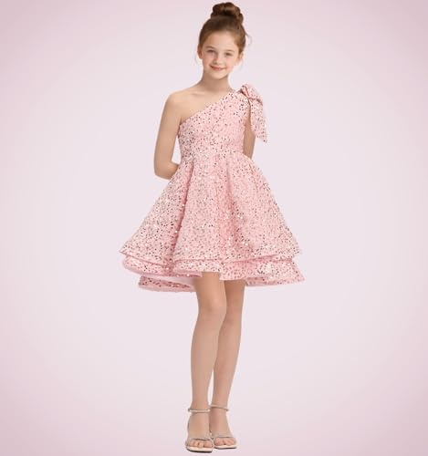 Sequined Flower Girl Dress Short Girls One Shoulder Wedding Party Gown A Line Sparkly Dresse for Teens4