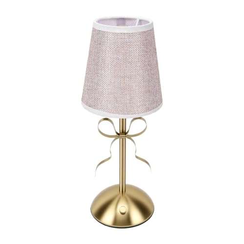 Naroote Lámpara de Mesa Gold Bow Lámpara de Mesa Inalámbrica con Pantalla de Tela y Base de Metal Control Táctil 3 Temperaturas de Color 86F 104F 140F USB Recargable para Lectura de
