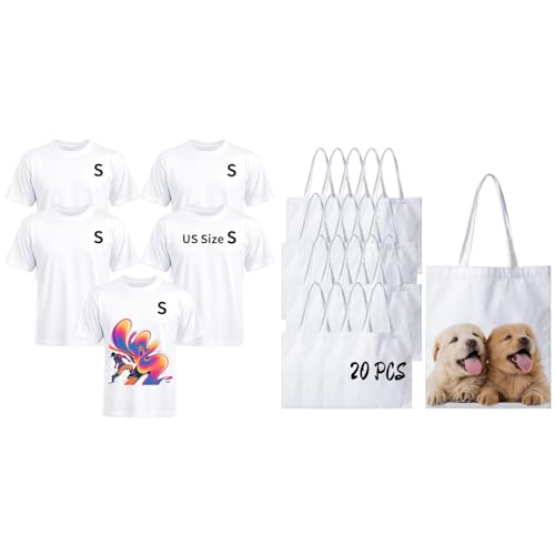 Joyclub Bundle of 5 Pack Sublimation Blanks Bulk Wholesale White Polyester T Shirts and 20 Pack Canvas Tote Bags