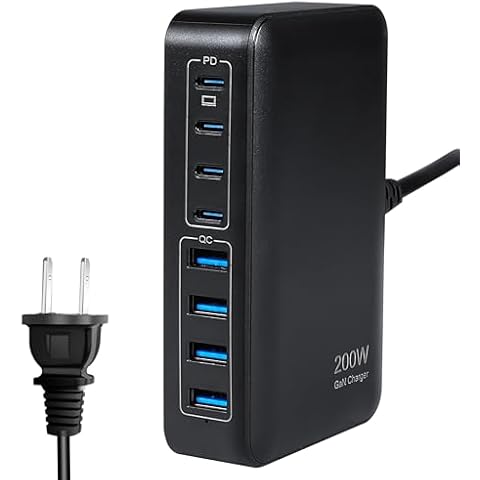 USB C Charger 200W USB Charger Block, 8-Port Fast Charging Station Hub,PD 65W Laptop Charger Adapter Compatible with MacBook Pro/Air,DELL,Steam Deck,iPhone 16/15/14,Galaxy S23/22 etc (Black) Cover