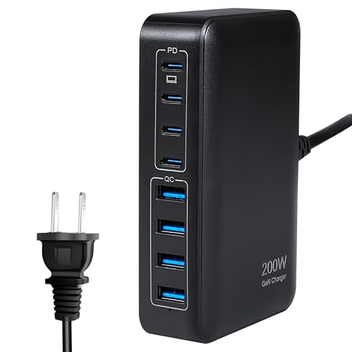 Haioulun GaN 200W 8-Port USB Fast Charging Station | PD 65W Laptop & Multi-Device Adapter | Compatible with MacBook Pro/Air, iPhone 16/15/14, Galaxy S23/22 (Black)