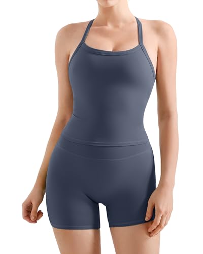 Image of SUUKSESS Women 2 Piece Workout Sets High Waisted Tummy Control Biker Shorts Halter Padded Tank Tops