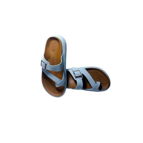 Image of Womens Comfort Buckle Sandals Slip-On Flat Casual Slides with Double Strap & Soft Footbed | Stylish Summer Footwear for Ladies