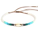 Shell Anklet for Women, Natural Cowrie Seashell Adjustable Waterproof Beaded Ankle Bracelet, Blue Turquoise Aqua Beads, Boho Beach Summer Hawaiian, Handmade by Tribes (Ocean- white opal dominant)