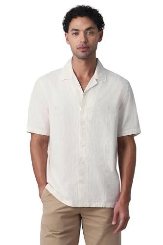 Image of Peter England Men's Casual Half Sleeve Resort Collar Shirt in 100% Cotton Seersucker with Striped Design