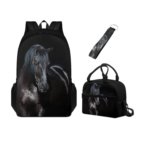 Set di zaino e borsa per il pranzo con portachiavi per bambini e 3 in 1 Cavallo Taglia unica Set di zaini per la scuola nero