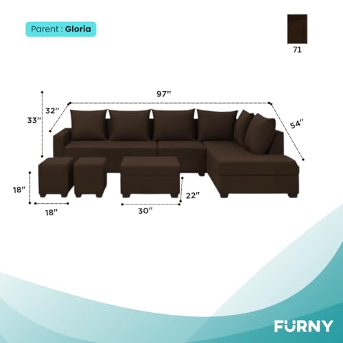 Image of FURNY Gloria 8 Seater Fabric RHS L Shape Sofa Set with 1 Centre Table & 2 Puffy (Dark Brown) | Premium Velvet Finish | Ideal of Living Room