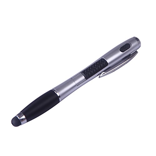 HDE Retractable Ballpoint Ink Pen with Flashlight Rubber Tip Precision Stylus for Capacitive Touch Screen Devices (Silver)