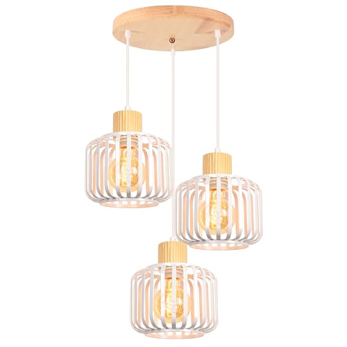 Suspension Luminaire Rétro pour Cuisine et Salon, Lustre Industriel Blanc en Bois 3 Lampes