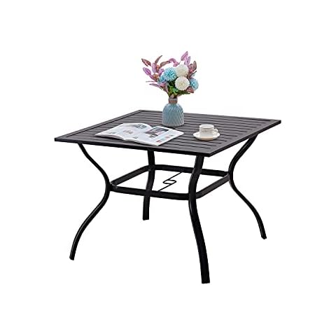 Patio Dining Table Outdoor Metal Square Table with Umbrella Hole Cover