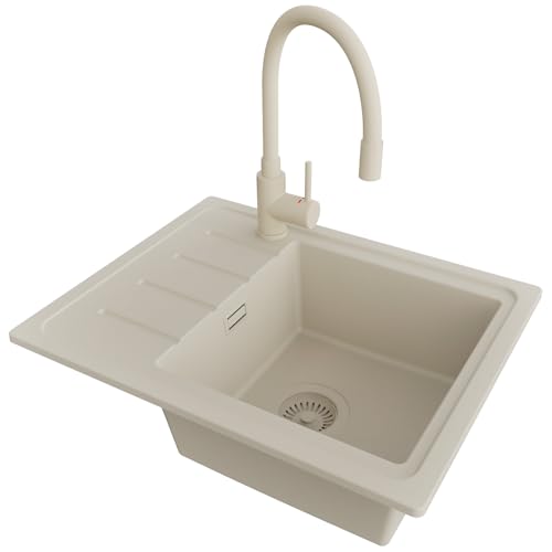 PRIMAGRAN Lavandino da Cucina Beige 55x44cm, Lavello in Granito a 1 vasca + Rubinetto 38x14cm + Sifone Classico, Lavabo Incasso al mobile 45cm - Copenhagen Easy
