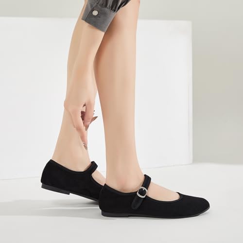 BABUDOG Womens Mary Jane Flats with Strap,Faux Suede Black Flats Shoes,Flats Shoes Women Dressy Comfortable4