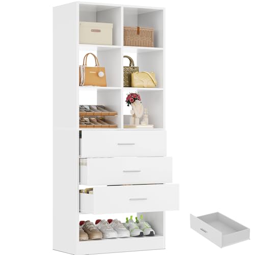 Homieasy Closet System Organizer with 3 Drawers and Partition Storage, Freestanding Wardrobe Organizer Modular with Shoe Shelf, Expandable for Walk-in or Reach-in Closets, White