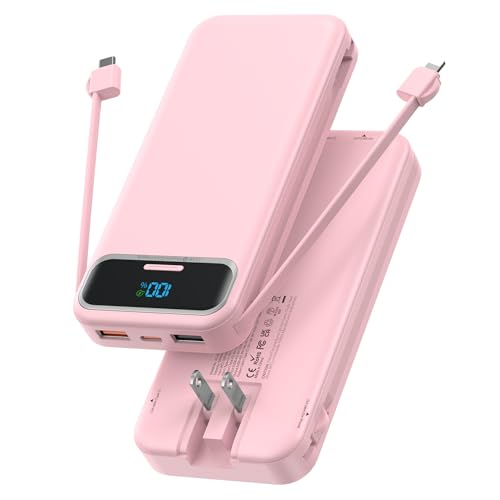 Image of Nusyddy Portable Charger 12000mAh 22.5W w /Built-in Cables & Wall Plug Pink | 22.5W Fast Charging, LED Display, Pass Through Charging, TSA Approved, Portable & Slim, Power Bank for iPhone, iPad, Samsung