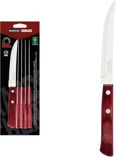 Tramontina Steakmesser, Pizzamesser, Set 6-teilig, 6 Steakmessern aus Edelstahl, Holzgriff rot FSC