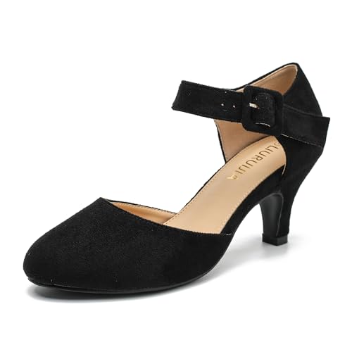 LIURUIJIA Women's Ankle Strap Kitten Heels Closed Toe Low Heel Pumps Shoes for Women Dressy Casual Vintage Bride Wedding Party