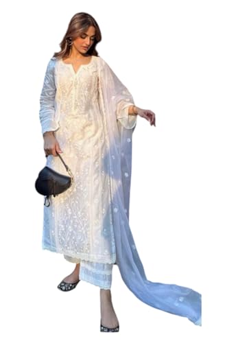 Kurta pantalon brodé Yashika en crêpe blanc de luxe et fil floral raffiné