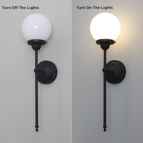 Image of Yosoan Indoor Milk Glass Wall Sconce Set of 2, Brass Modern Vintage Industrial Fixture Lights Hardwired with Round Glass Shade Lamp for Bathroom Mirror Living Room Bedside Bedroom Hallway(Black)
