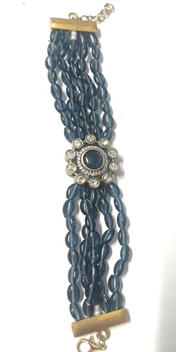 Image of Rakhi loomba Elegant Multi-Strand Bracelet, Blue Glass Beads, Kundan Flower Centre, Gold-Tone Clasp