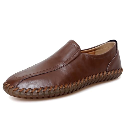 Men's Leather Hand-Sewn Flats Loafers, Comfortable Round Toe Flat Bottom Non-Slip Slip-On Driving Shoes Light Moccasin Flats Boat Shoes