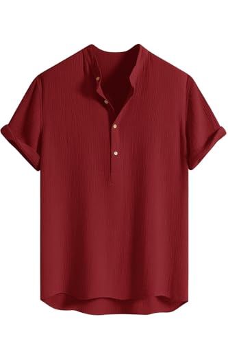 Image of LATEST CHIKAN Men's Casual Mandarian Collar T Shirts Short Sleeve Bubble Textured Short Kurta Fashion Beach Summer Kurta