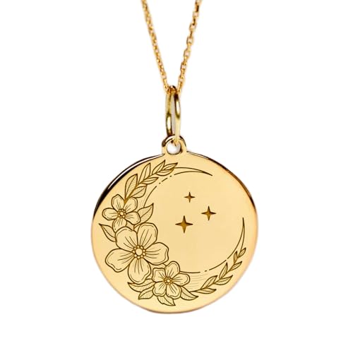 Collier argent 925 céleste pendentif fleurs et croissant étoiles plaqué or 45 cm