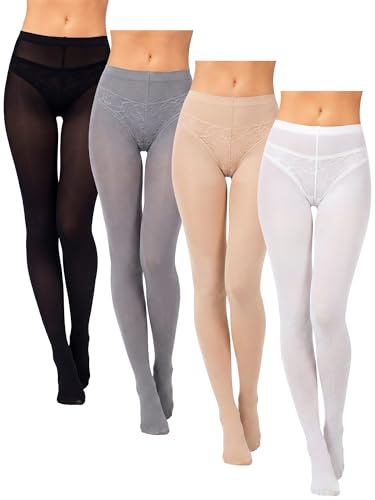 Geyoga 4 Pairs Womens 80D/100D Opaque Tights Soft Solid Color Footed Pantyhose High Waist Stocking(White Skin Color Black Gray Large)