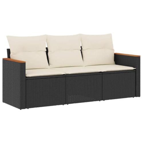 Mhdvray Salon de Jardin 3 Pièces en Résine Tressée Noire avec Coffre de Rangement, Canapé de Terrasse Modulaire, Accoudoirs en Bois d'Acacia et Coussins Blanc Crème