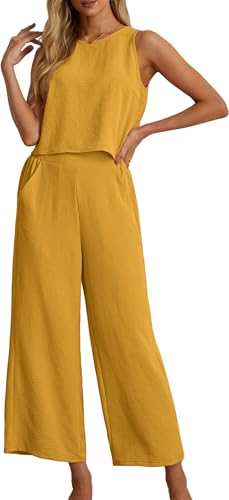 IWOLLENCE Women's Summer 2 Piece Outfits Set Round neck Sleeveless Tank Crop Top Wide Leg pants Set Pockets Jumpsuits Yellow Medium