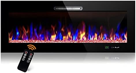 BEYOND BREEZE 50 Inches Electric Fireplace, Wall Mounted and Recessed Fireplace with Adjustable Flame Color, Log and Crystals 9 Color Combinations, LED Touch Screen and Remote Control