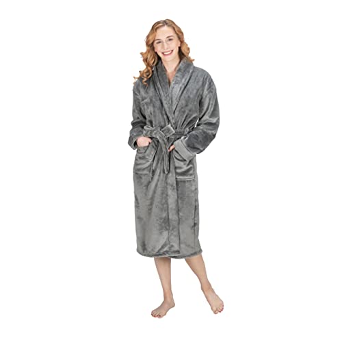 MONHOUSE Womens Dressing Gown - Premium Super Soft & Cosy Long Bathrobe - Ladies Thick Flannel Luxury Housecoat - Warm Fluffy Shearling Spa Robe for Her - Sherpa Bathrobe - Dark Grey - UK 12-14