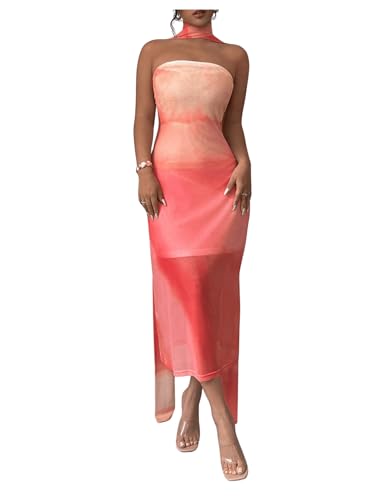 SweatyRocks Women's Ombre Sheer Mesh Tube Dress Strapless Sleeveless Midi Dresses with Neck Scarf