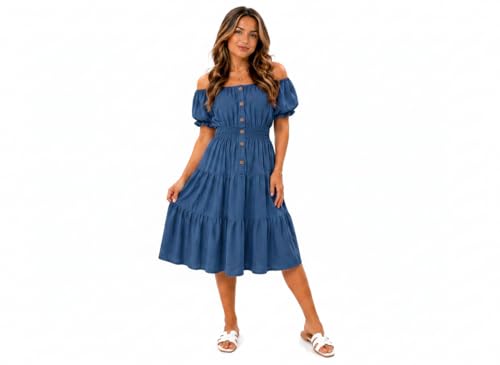 Womens Off Shoulder Midi Dress Summer Smocked Waist Button Front Tiered Swing Dress Short Puff Sleeve Casual Holiday Dress One Size (12- 30) (UK Numeric 12 30 Regular Regular Denim Blue)
