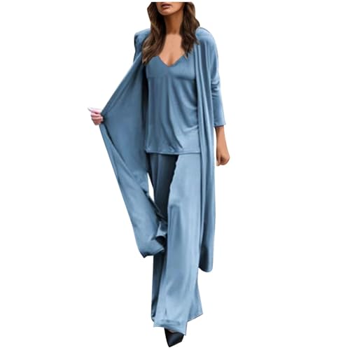 Women's Casual 3 Piece Lounge Set - V Neck Vest Cardigan Sets with Wide Leg Long Pants, Soft Loungewear Suit