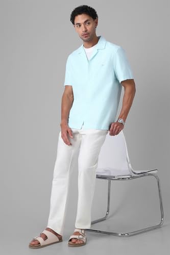 Image of Peter England Men's Casual Half Sleeve Resort Collar Shirt in 100% Cotton Seersucker with Striped Design